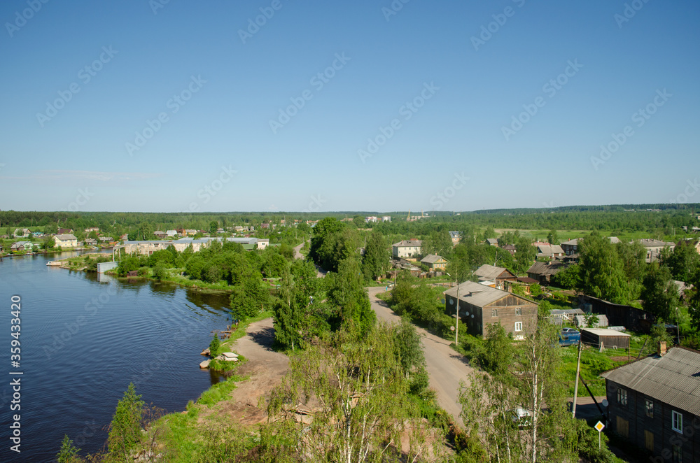 Vitegra River, Russia, Vologda oblast. Beautiful view from the top of town Vitegra. Vitegra River, Russia, Vologda oblast. Beautiful view from the top of town Vitegra.
