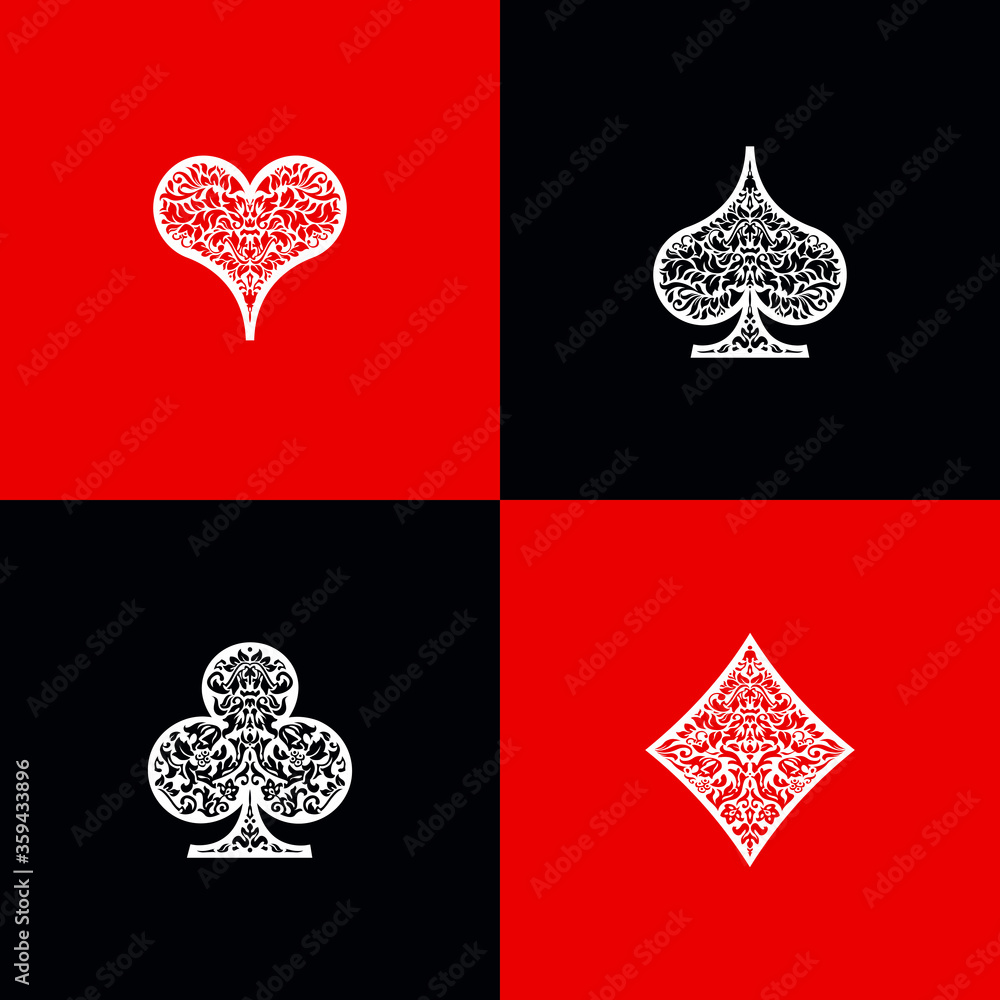Set 4 Playing card suits icons decoration pattern diamonds, clovers, hearts, spades template on black and red background. Vintage Playing card suit ornament symbol pictogram for play casino poker game