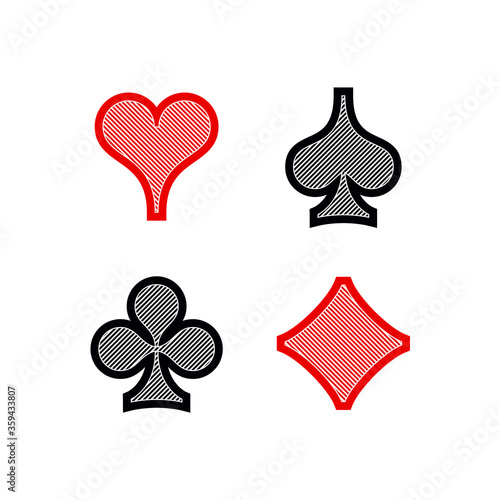 Set diamonds clovers hearts spades Four Playing card suits icons template black and red color editable. High quality outline Playing card suit symbol mobile app pictogram isolated on white background