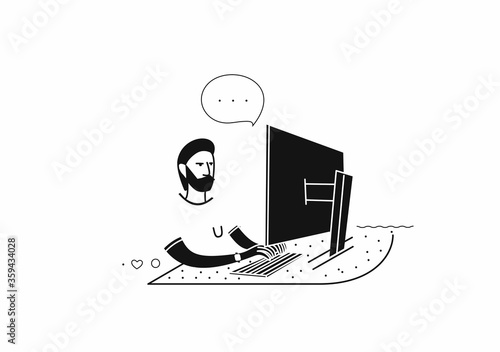 Freelance man working his desk with laptop computer. Vector illustration.