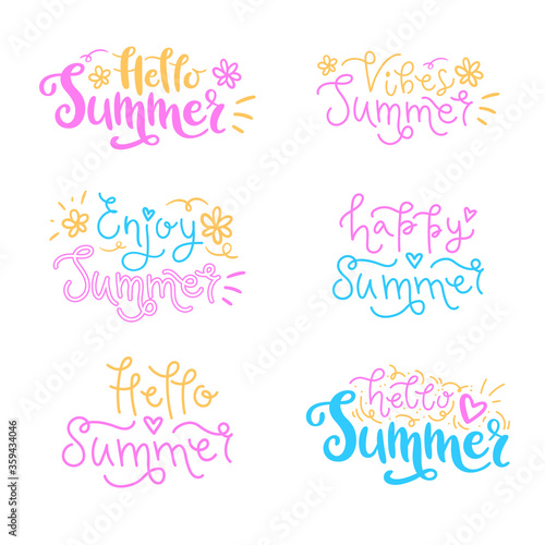 Happy summer seasonal hand-drawn lettering set. Handwritten vector colorful phrases. Funny design for card, t-shirt, web banner, sticker, social media or print. Hello summer, enjoy summer, summertime.