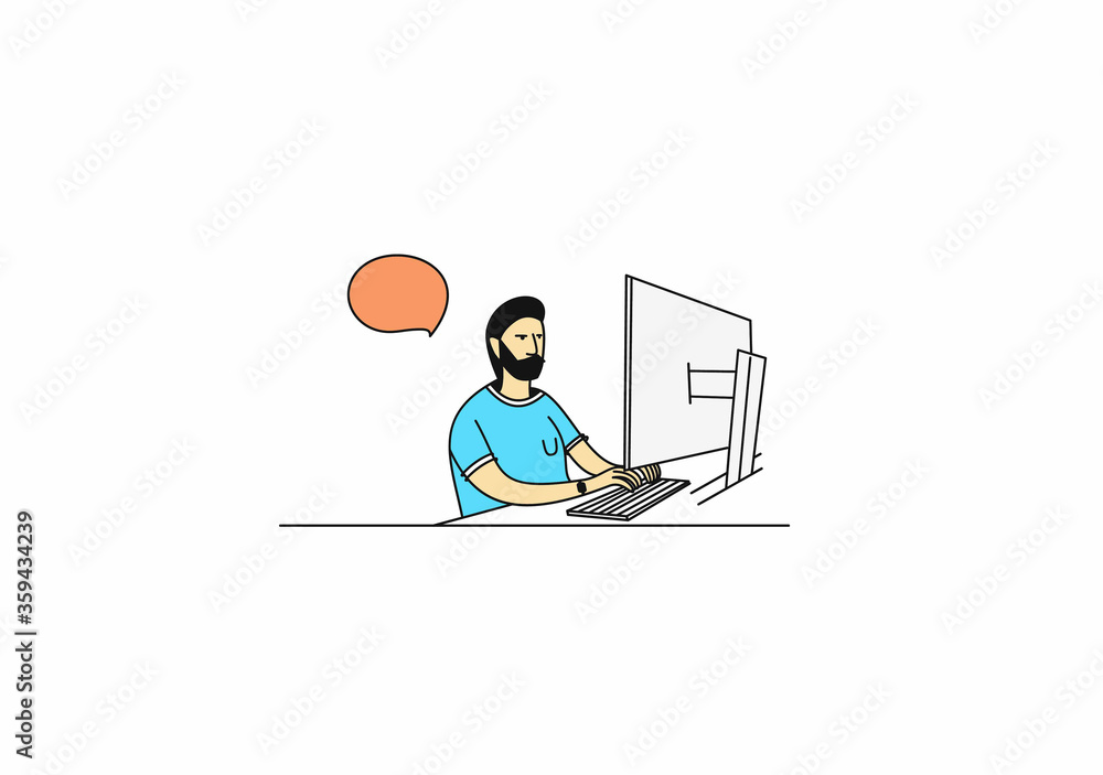 Freelance man working his desk with laptop computer. Vector illustration.