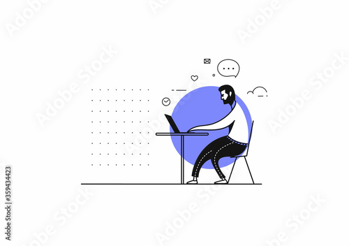 Freelance man working his desk with laptop computer. Vector illustration.