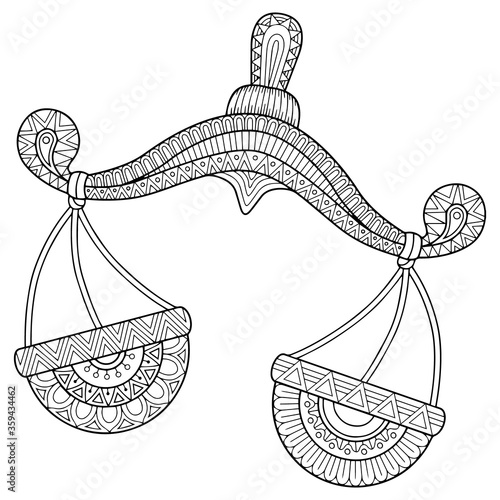 Vector coloring book for adult. Silhouette of libra isolated on white background. Zodiac sign libra.