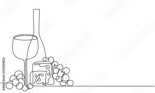 Wine glass, a bottle of wine and grapes. Still life. Sketch. Draw a continuous line. Decor. Vine and cheese
