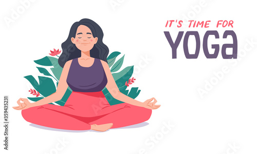 Young woman meditating. Banner with time for yoga text. Girl sitting in padmasana pose isolated on white. Flat cartoon character, vector illustration.