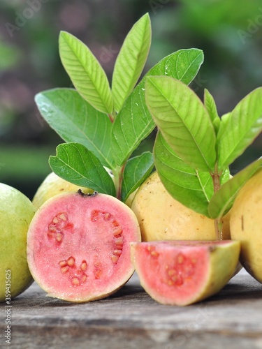 Red guava and green leaves on bokeh background. Tropical fruit concept