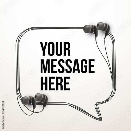 Innovative vector music quotation template in headphones quotes on the White backdrop. Creative vector banner illustration with quote in a frame with Black quotes. Template modern headset design.