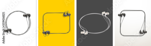 Innovative music quotation template speech bubble set in headphones quotes isolated on backdrop. Creative banner illustration set with quote frame wire with quotes headset modern design cloud remark