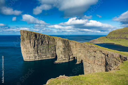 Sorvagsvatn lake over the ocean in Faroe Islands photo