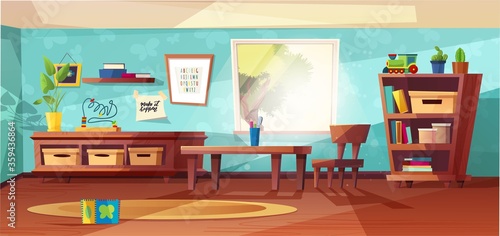 Kindergarten room modern vector  illustration with furniture, sunlight from window and toys for kids. Nursery for kids, little children.  Flat style design. Preschool.