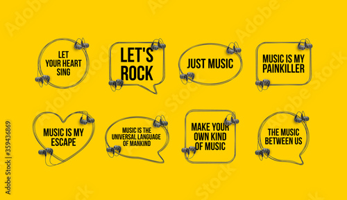 Innovative music quotation template speech bubble set in headphones quotes isolated on backdrop. Creative banner illustration set with quote frame wire with quotes headset modern design cloud remark