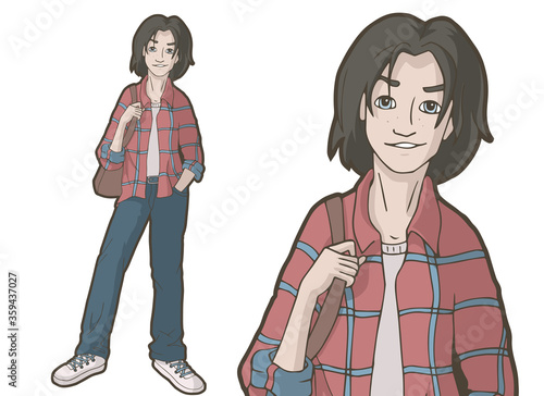 Cute cartoon teenage boy wearing the red plaid shirt standing with his bag. Vector illustration. Isolated objects on white background. Teenager's life.