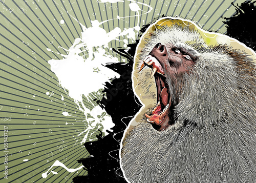 Baboon portrait on grunge background. Monkey illustrations digitaly modified. Abstract splash painting. Contemporary art. photo