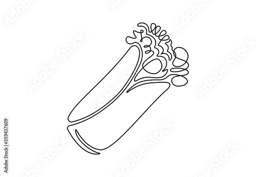 One single line drawing of Mexican burritos, Greek shaurma, shawarma or gyro. Street fast food concept. Modern continuous line draw design logo for cafe. Vector illustration