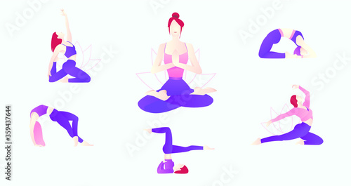 Set of yoga poses vector illustrations. Woman doing exercises at home. Lotus pose. Asana