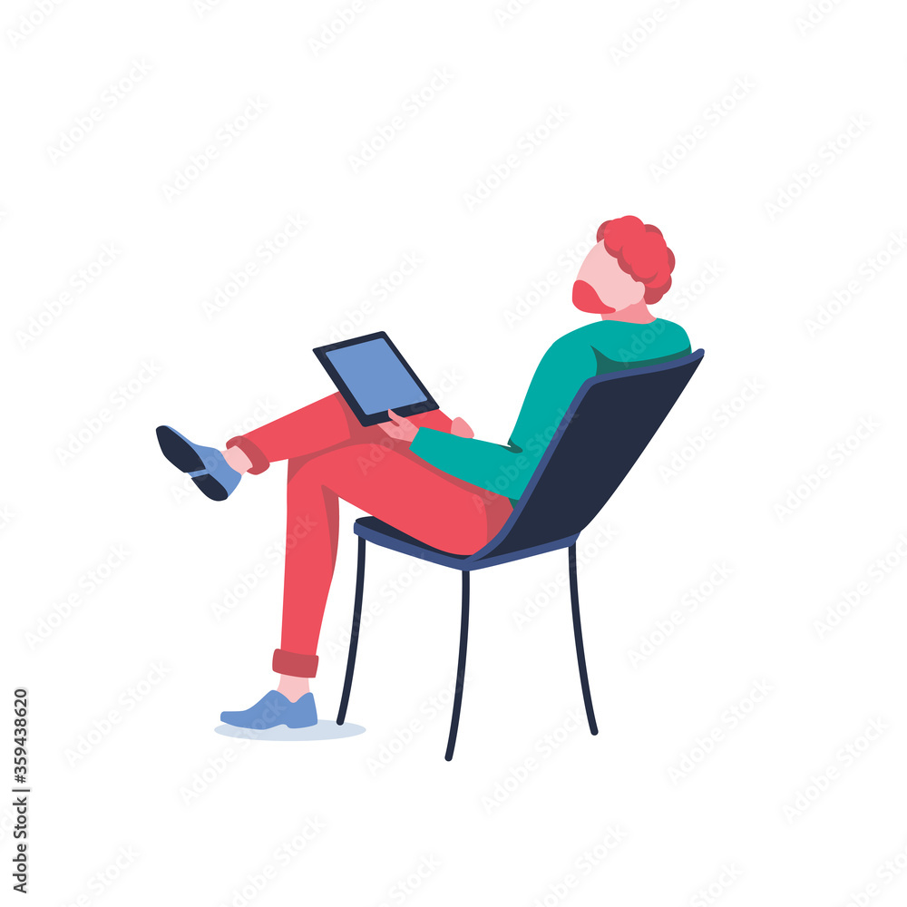 Freelancer sits on chair and working. Businessman works on tablet, isolated on white. Male character, manager or employee. Work at home. Entertainment with gadget in hand. Flat vector illustration