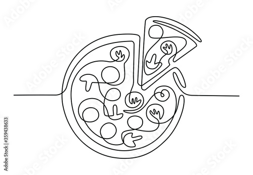 Continuous one line drawing of Italy pizza for restaurant logo badge. Italian pizzeria logotype template concept isolated on white background. Trendy single line draw design vector illustration