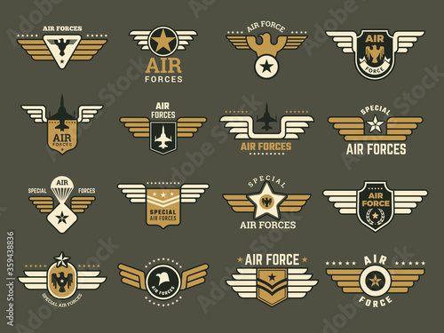 Army badges. Air special forces emblems with different symbols weapons wings anchor vector military set. Illustration military emblem, army air force insignia