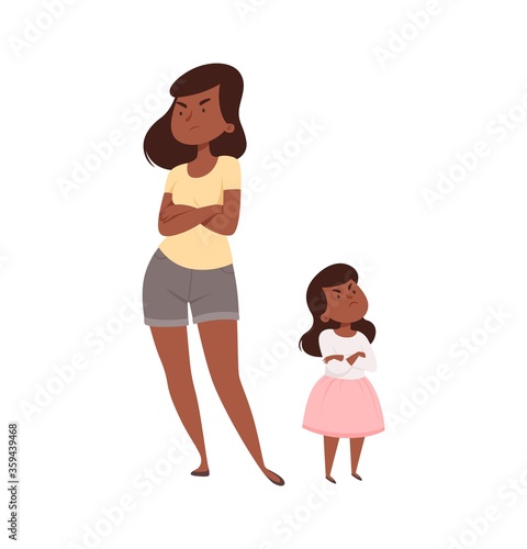Angry people. Mother and daughter in quarrel. Afroamerican sad adult female and baby girl. Isolated family vector illustration. Daughter and mother conflict, woman and girl