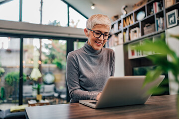 Portrait of a cheerful mature businesswoman working on laptop at home office.