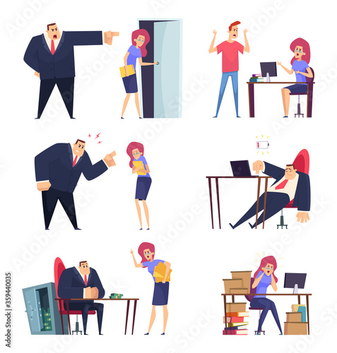 Burnout job. Problem at work overwhelmed sleepy lazy managers stressed stuff angry boss tired characters vector people. Illustration character employee tired in office, business angry boss