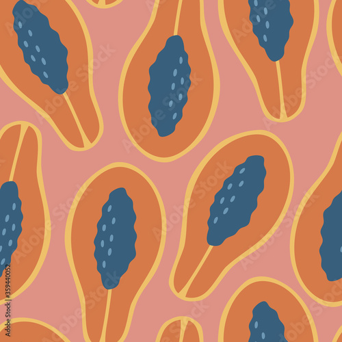 Hand drawn papaya seamless pattern. Fresh tropical fruit, pink background. 