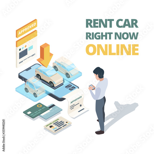 Rent car online. Digital buying automobile or car sharing service dealership online shopping vector isometric concept. Illustration online rent auto, automobile vehicle lease