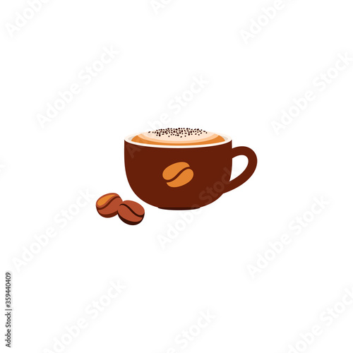 Vector icon of a coffee cup with coffee, milk foam and chocolate chips. Flat illustration isolated on a white background.