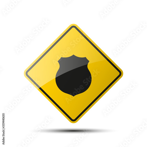 yellow diamond road sign with a black border and an image shield on white background Illustration