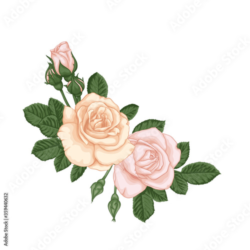 beautiful bouquet with pastel pink roses buds and leaves. Floral arrangement. design greeting card and invitation of the wedding, birthday, Valentine's Day, mother's day and other holiday