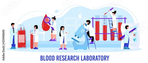 Medical banner for blood research laboratory with tiny doctors or lab staff characters and test tubes, flat vector illustration isolated on white background.