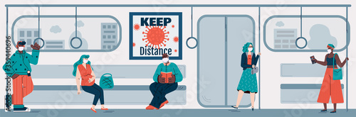 People passengers of subway keeping social distancing to avoid coronavirus epidemic increase, flat vector illustration. Flu or viral infection prevention in transport.