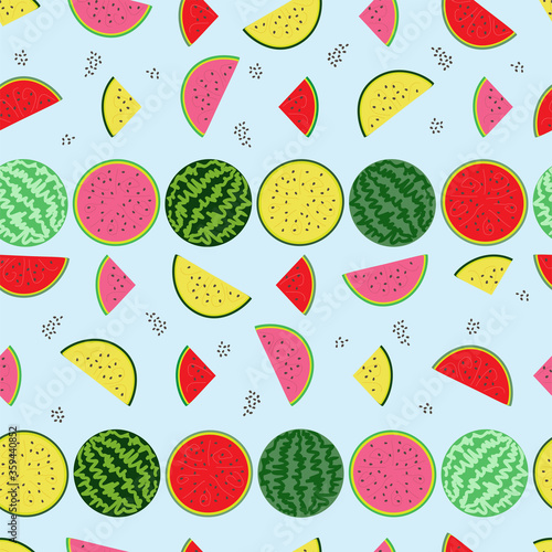 seamless pattern of striped watermelons, halves and slices of pink, yellow and red watermelons on a light blue background
