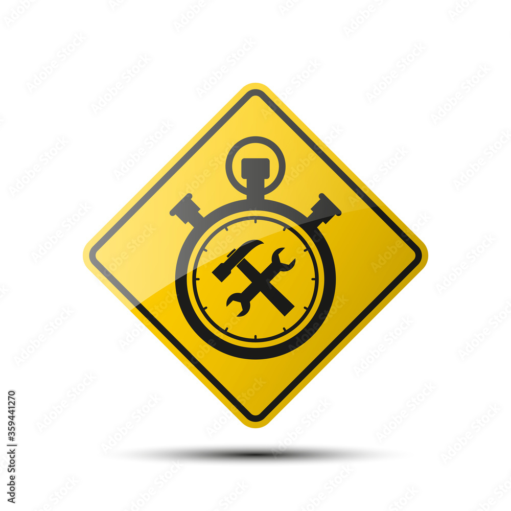 yellow diamond road sign with a black border and an image Stopwatch icon of hammer and wrench on white background Illustration yellow diamond road sign with a black border and an image Stopwatch icon of hammer and wrench on white background Illustration