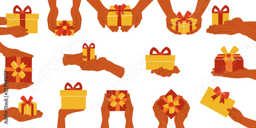 Set of gift boxes in hands on a white isolated background. Icon. Icons. Vector illustration
