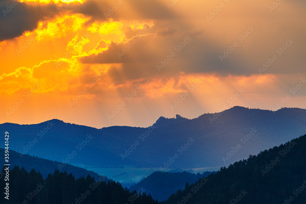 Colored view of horizons over the valleys near sunset, Carpathians mountains, Slovakia, Europe.