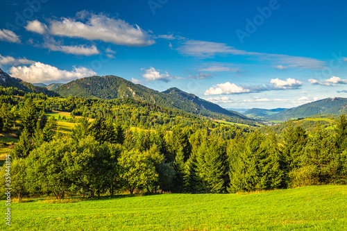 Forested mountainous landscape on a sunny morning. The Mala Fatra National Park, Slovakia, Europe.