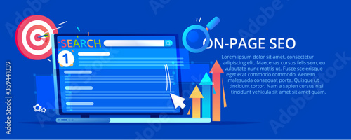 On-page vector banner. A laptop with search ranking and website on first place.