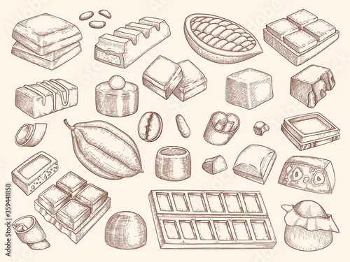 Chocolate drawn. Engraved pictures of chocol and black chocolate pieces. Vector illustration set of chocolate food, sketch drawing sweets