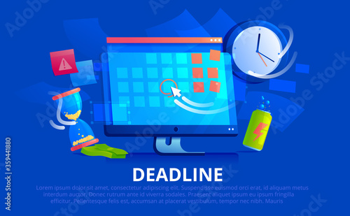 Computer monitor screen, it has an online calendar with a deadline date and cursor. On the table are an hourglass, next to a clock and an energy drink. Vector banner
