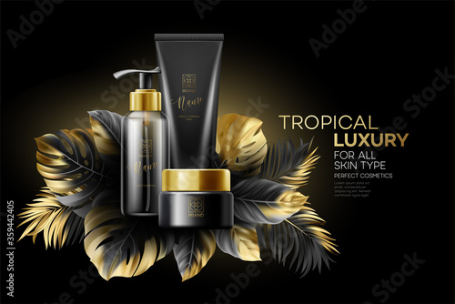 Design cosmetics product Adverting with Black-Golden Tropical Leaves on black background. Vector illustration