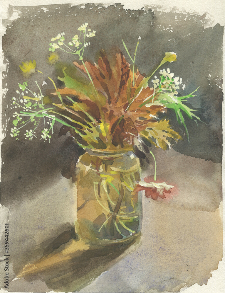 Watercolor still life with wild flowers and leaves in glass pot Stock ...