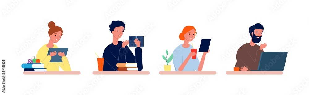 Students at desk. Exam preparation, people reading, drinking and eating. Smile woman man studying vector illustration. Reading at workplace, young education studying, freelancer learning and working