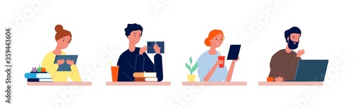 Students at desk. Exam preparation, people reading, drinking and eating. Smile woman man studying vector illustration. Reading at workplace, young education studying, freelancer learning and working