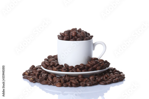 cup of coffee full of coffee beans isolated on white background with copy space for your text