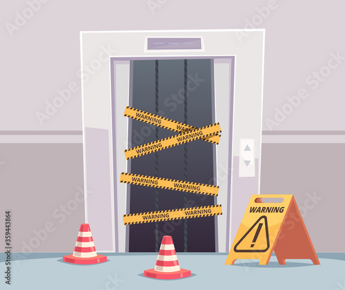 Elevator repair. Business office with closed damaged elevator doors under construction vector building interior. Lift repair, broken and closed, notice damaged illustration