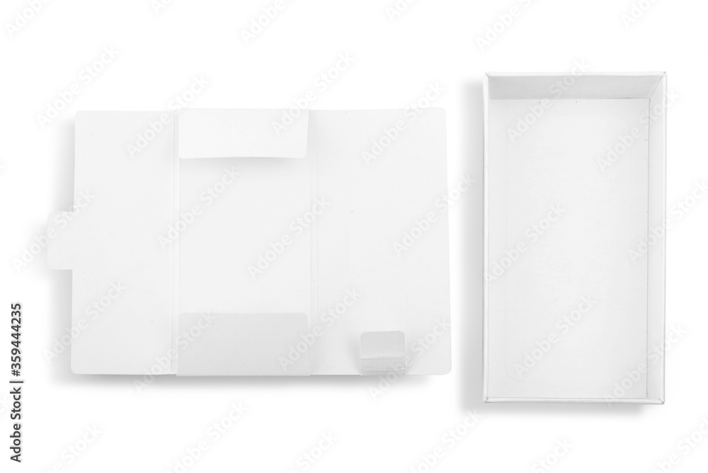 White cardboard mockup and open empty white cardboard box