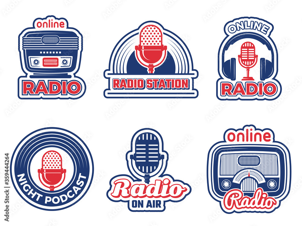 Radio show badges. Air podcast audio studio logo music radio station ...