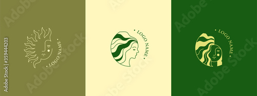 Set of logos in a linear style. Delicate, subtle, elegant, mysterious images of girls' faces. Three fashionable logos for a beauty salon, natural cosmetics and another business for women.